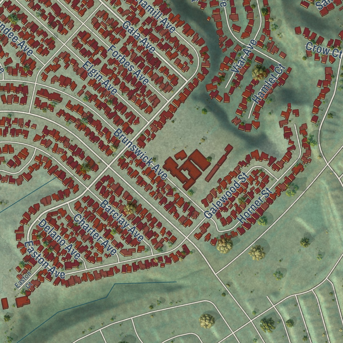 Second close-up of the map of Allied Gardens, California print showing more streets and buildings