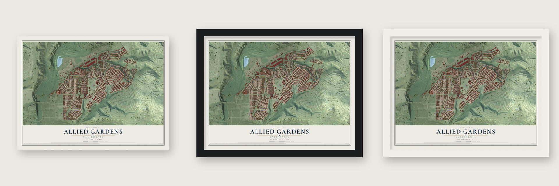 Allied Gardens, California map unframed, in a black wood frame and in a white wood frame