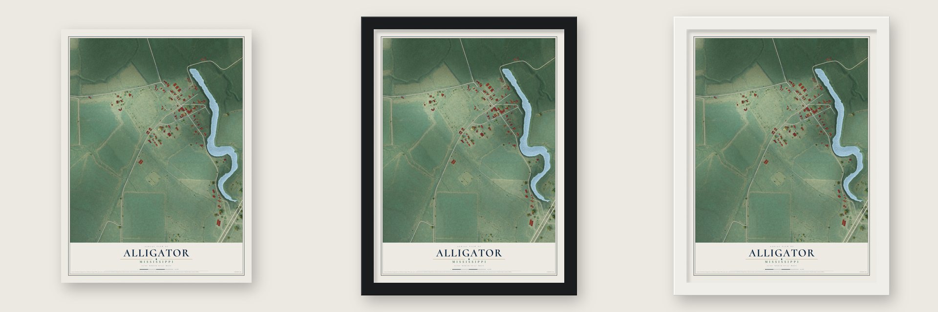 Alligator, Mississippi map unframed, in a black wood frame and in a white wood frame