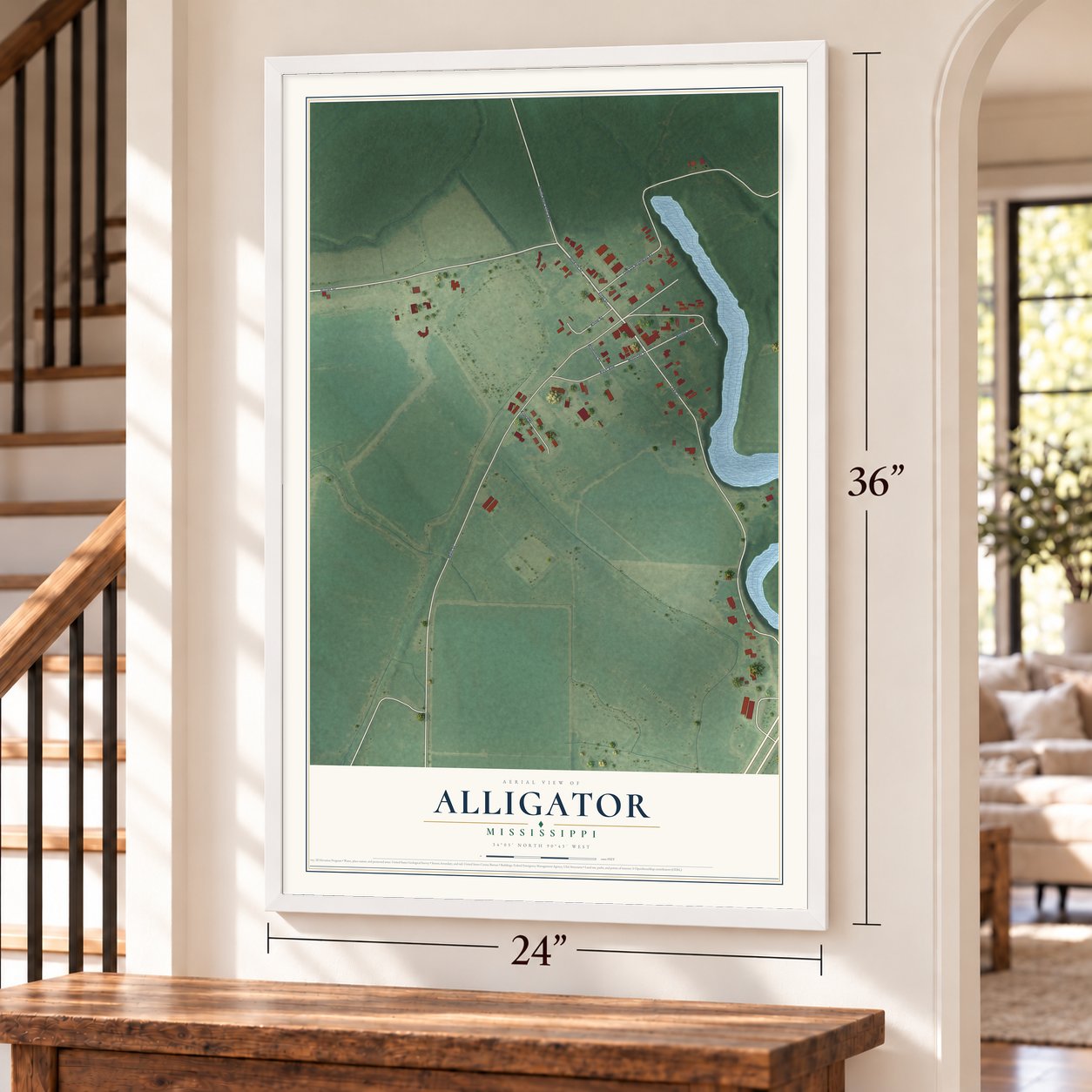 Alligator, Mississippi map, 24 x 36 inch print in a white frame by a staircase