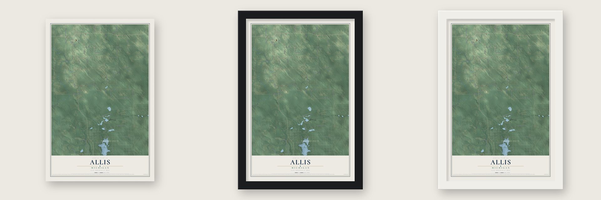 Allis, Michigan map unframed, in a black wood frame and in a white wood frame