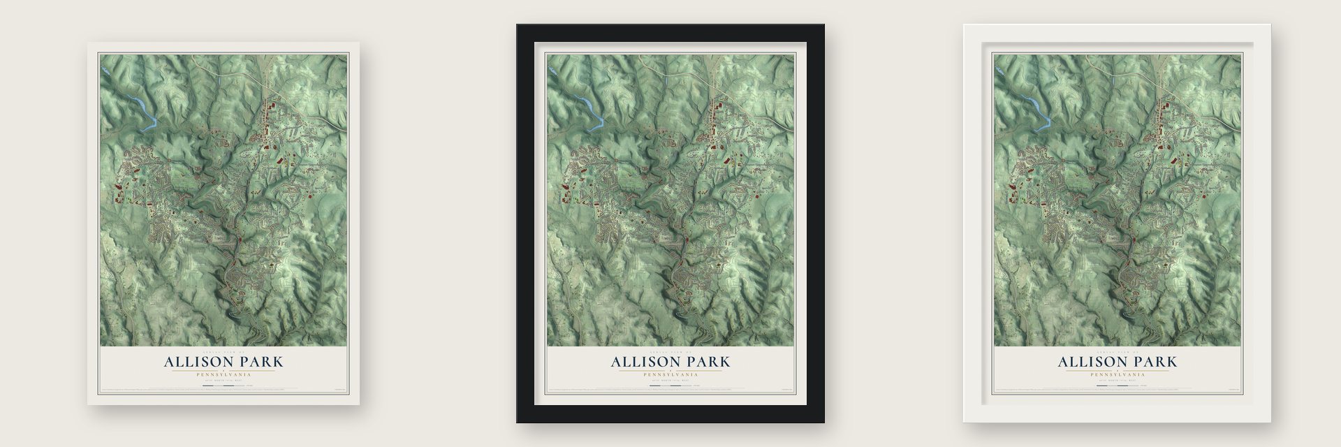 Allison Park, Pennsylvania map unframed, in a black wood frame and in a white wood frame