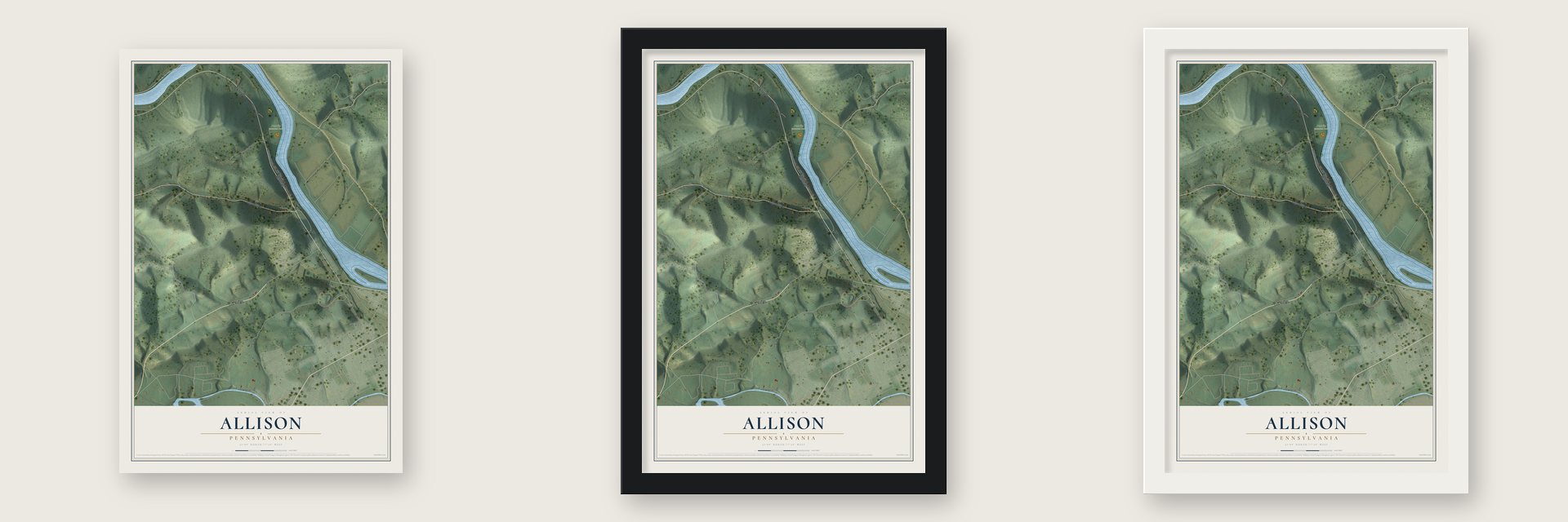 Allison, Pennsylvania map unframed, in a black wood frame and in a white wood frame