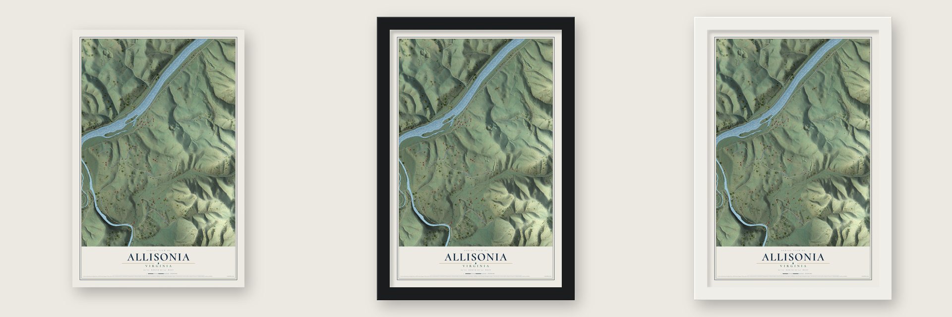 Allisonia, Virginia map unframed, in a black wood frame and in a white wood frame