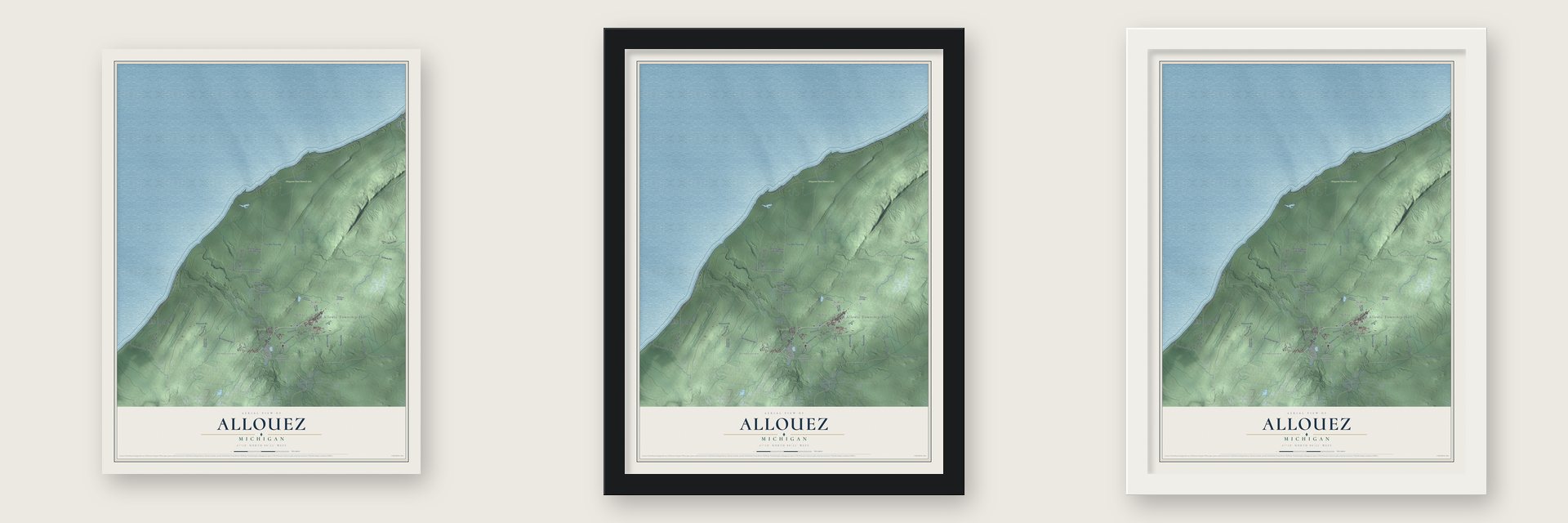 Allouez, Michigan map unframed, in a black wood frame and in a white wood frame