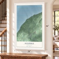 Allouez, Michigan map, 24 x 36 inch print in a white frame by a staircase