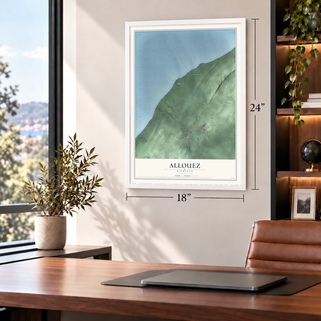 Allouez, Michigan map, 18 x 24 inch print in a white frame in a home office