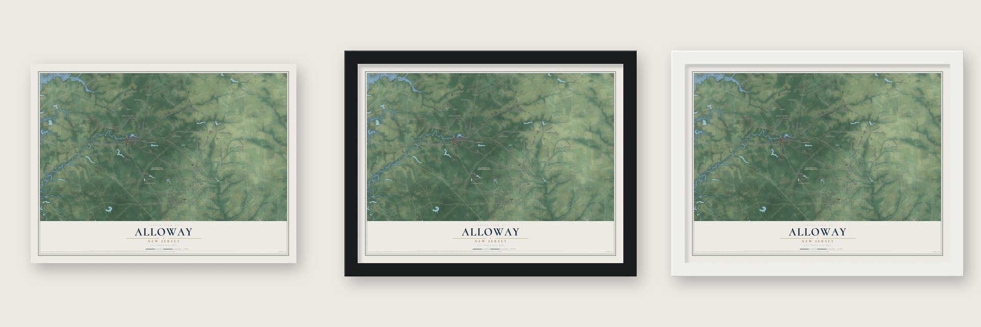 Alloway, New Jersey map unframed, in a black wood frame and in a white wood frame