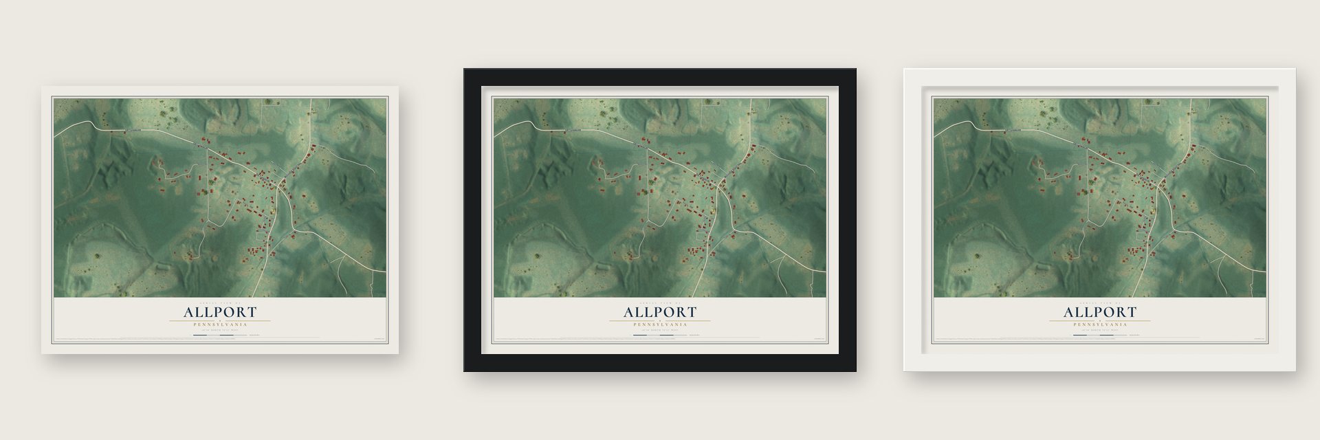 Allport, Pennsylvania map unframed, in a black wood frame and in a white wood frame