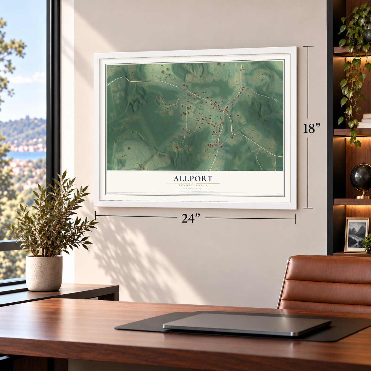 Allport, Pennsylvania map, 18 x 24 inch print in a white frame in a home office