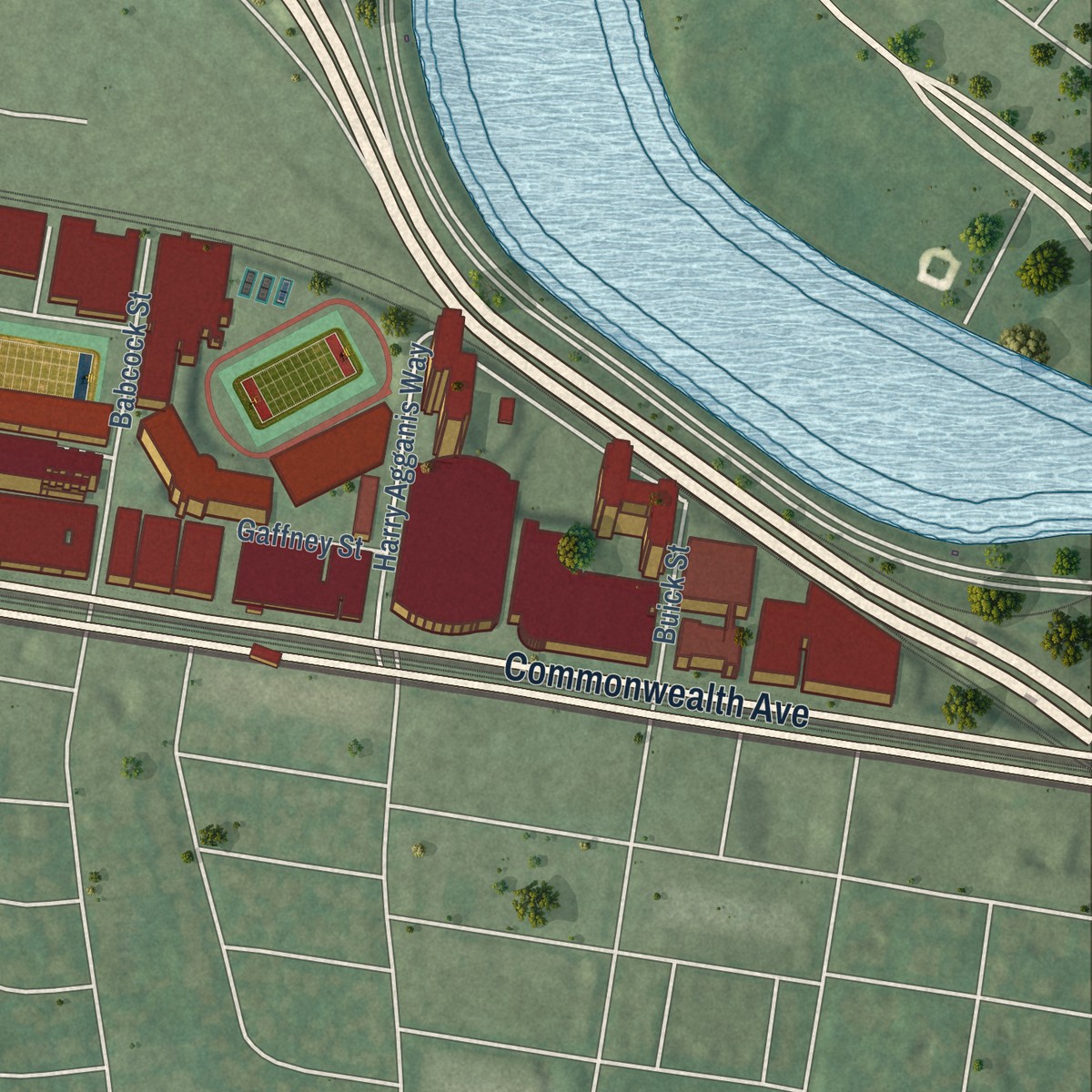 Second close-up of the map of Allston, Massachusetts print showing more streets and buildings