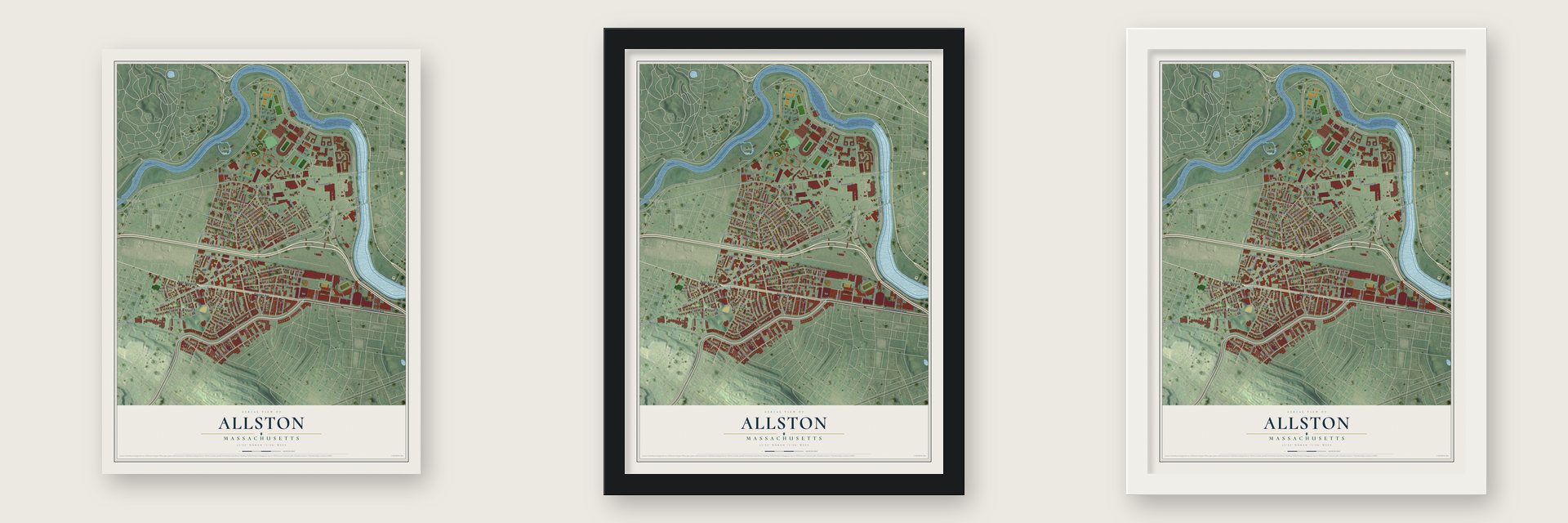 Allston, Massachusetts map unframed, in a black wood frame and in a white wood frame