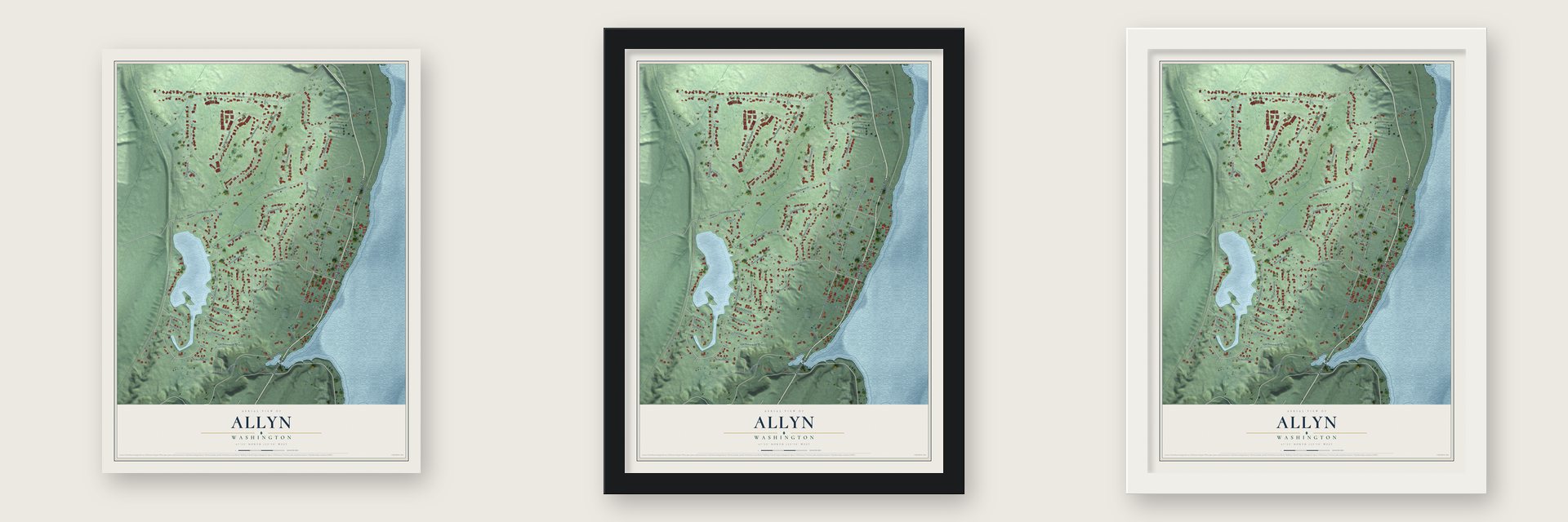 Allyn, Washington map unframed, in a black wood frame and in a white wood frame