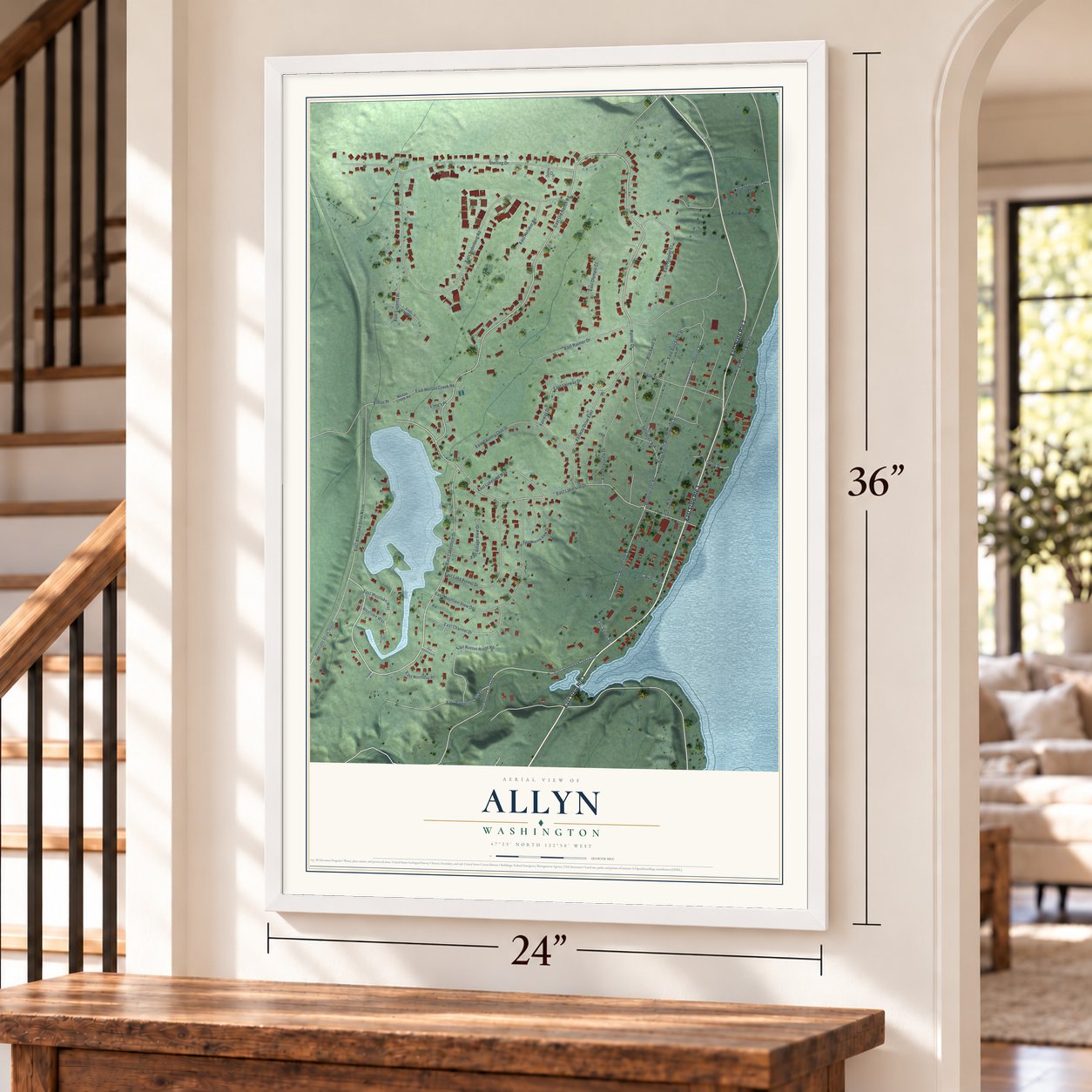 Allyn, Washington map, 24 x 36 inch print in a white frame by a staircase