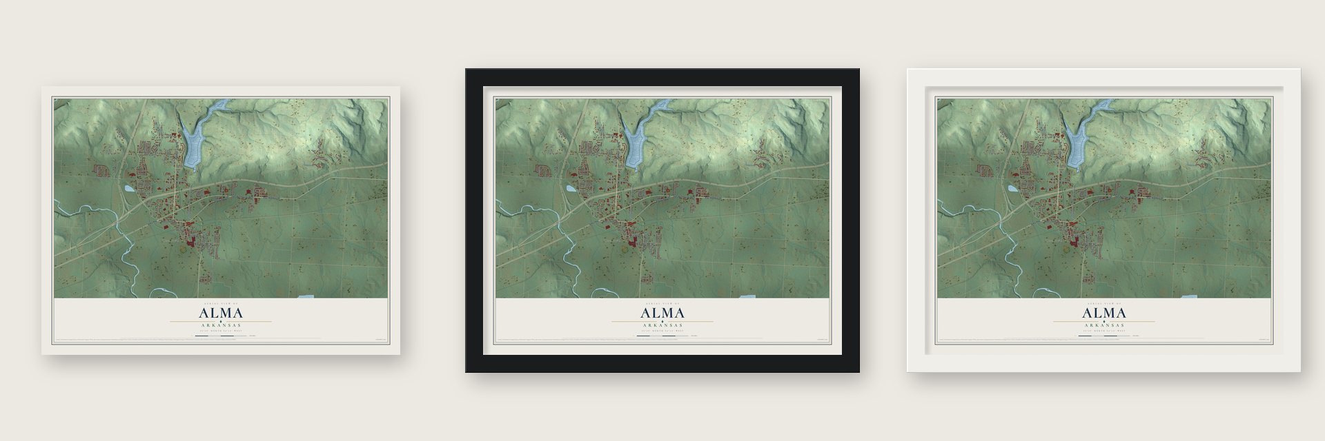 Alma, Arkansas map unframed, in a black wood frame and in a white wood frame