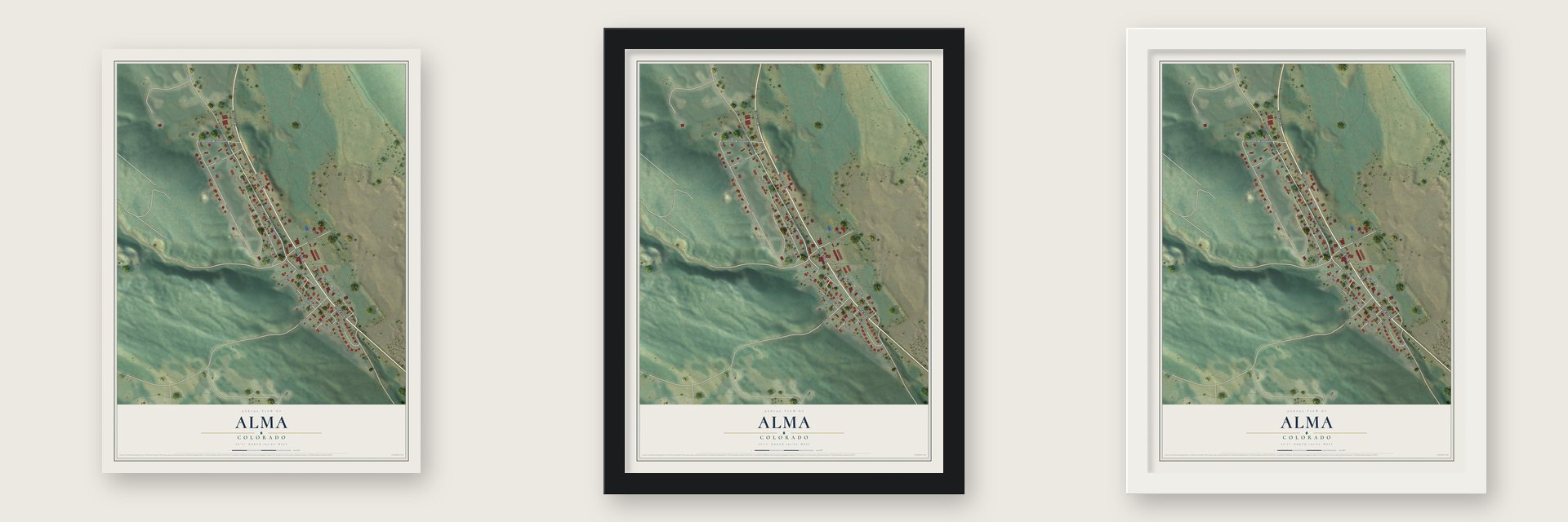 Alma, Colorado map unframed, in a black wood frame and in a white wood frame