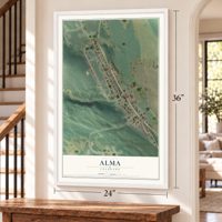 Alma, Colorado map, 24 x 36 inch print in a white frame by a staircase