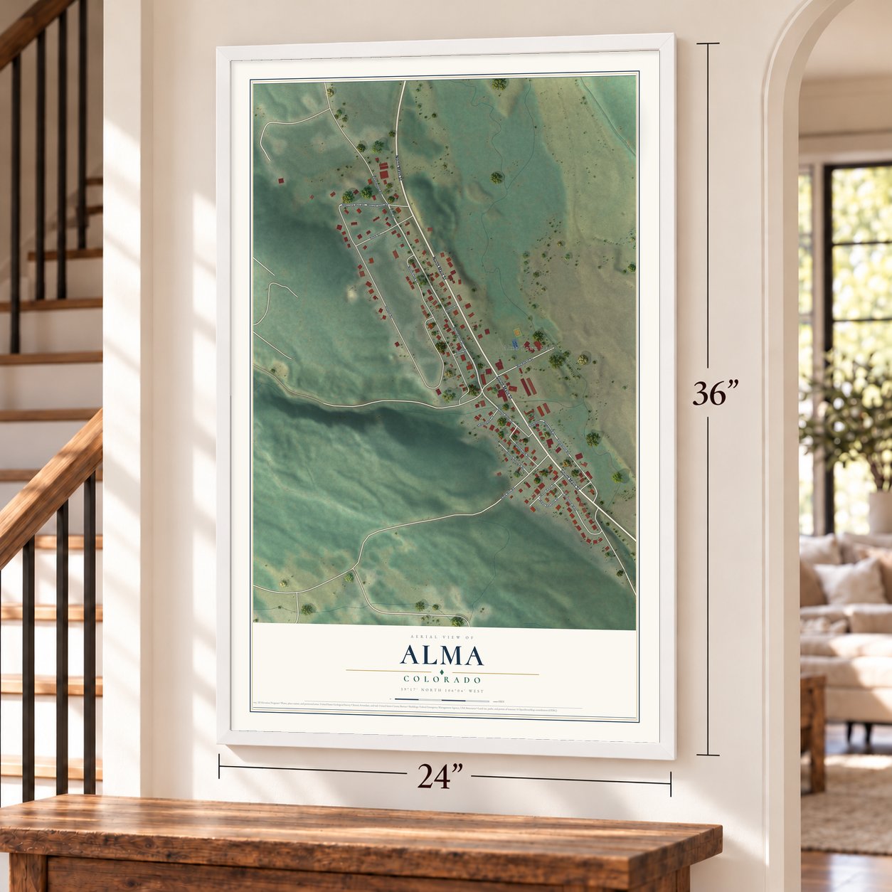 Alma, Colorado map, 24 x 36 inch print in a white frame by a staircase