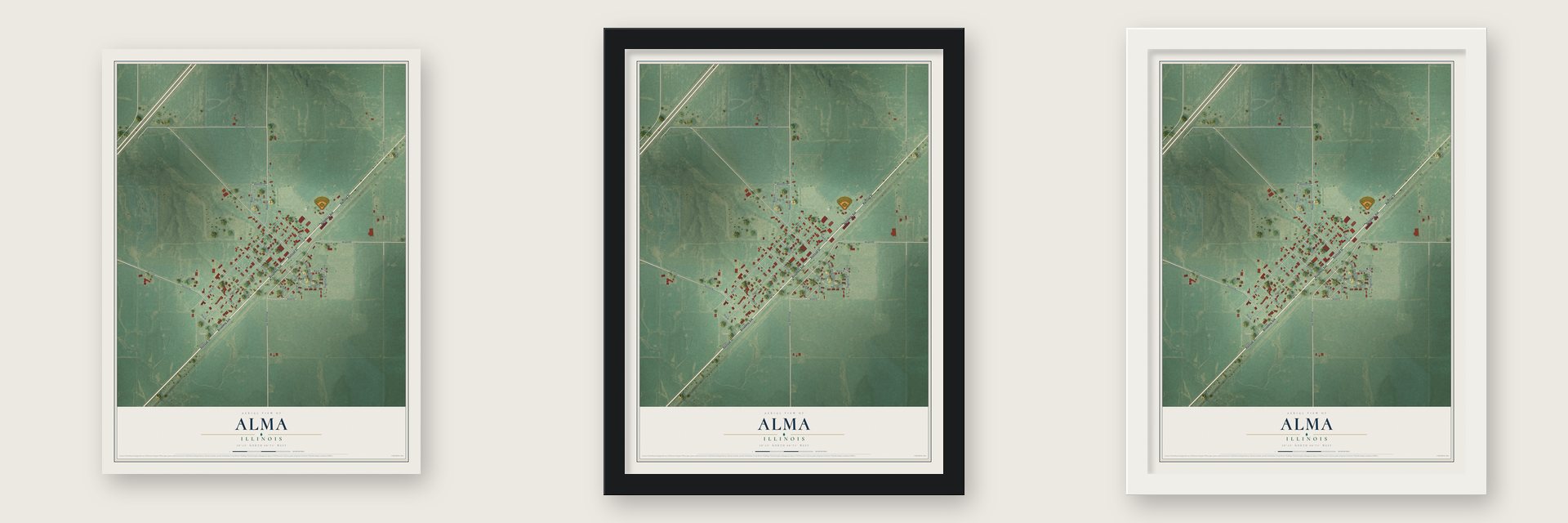 Alma, Illinois map unframed, in a black wood frame and in a white wood frame