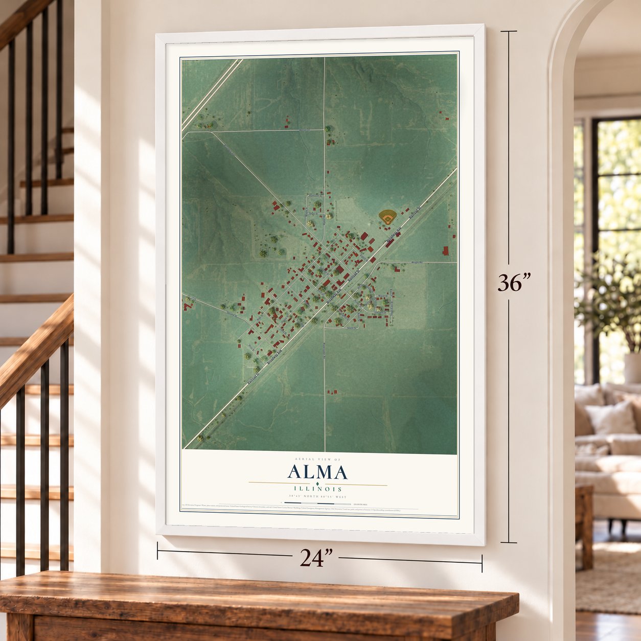 Alma, Illinois map, 24 x 36 inch print in a white frame by a staircase