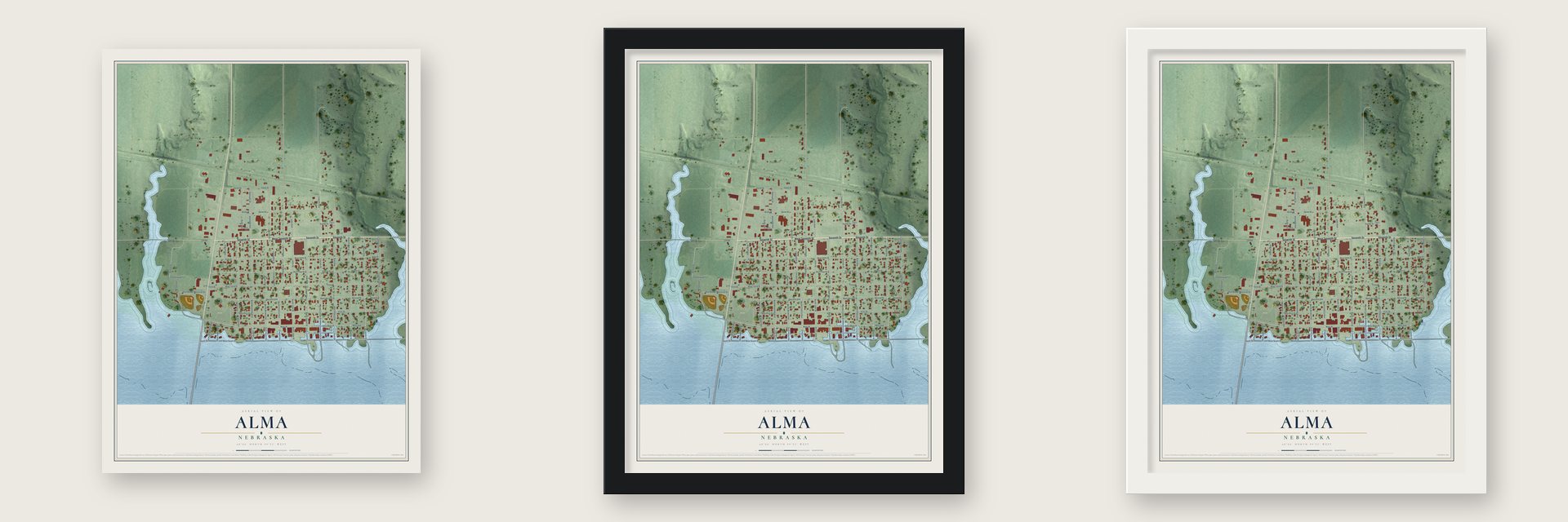 Alma, Nebraska map unframed, in a black wood frame and in a white wood frame