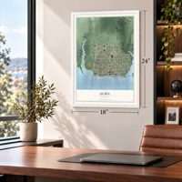 Alma, Nebraska map, 18 x 24 inch print in a white frame in a home office