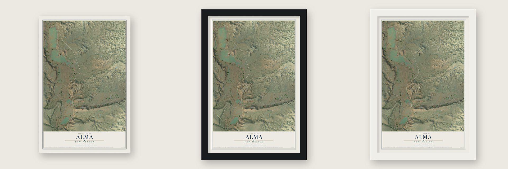 Alma, New Mexico map unframed, in a black wood frame and in a white wood frame