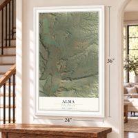 Alma, New Mexico map, 24 x 36 inch print in a white frame by a staircase