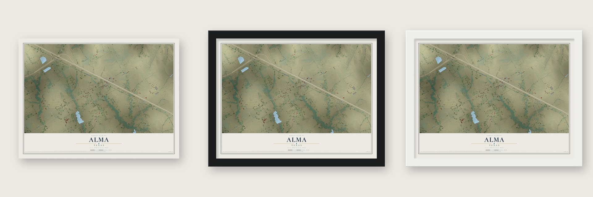 Alma, Texas map unframed, in a black wood frame and in a white wood frame