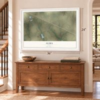 Alma, Texas map, 24 x 36 inch print in a white frame above a dresser by a staircase