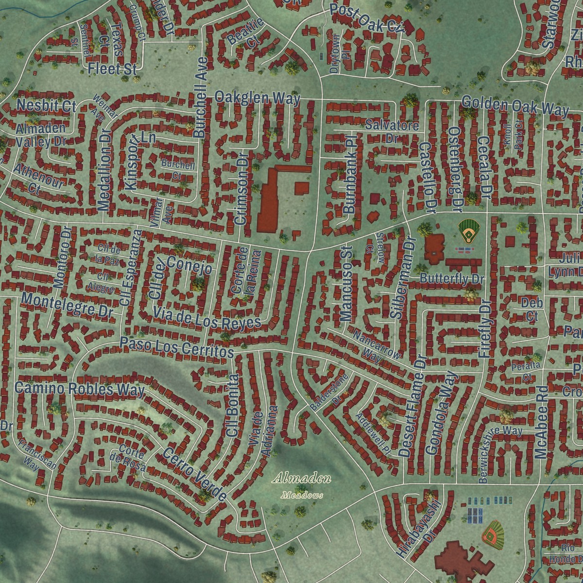 Second close-up of the map of Almaden Valley, California print showing more streets and buildings