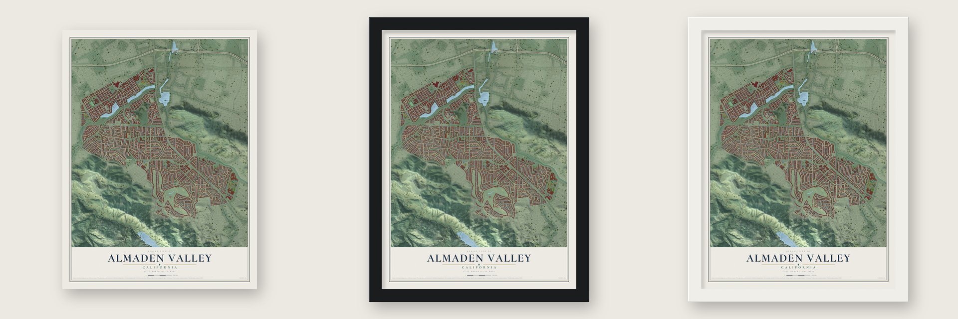 Almaden Valley, California map unframed, in a black wood frame and in a white wood frame