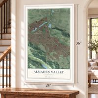 Almaden Valley, California map, 24 x 36 inch print in a white frame by a staircase