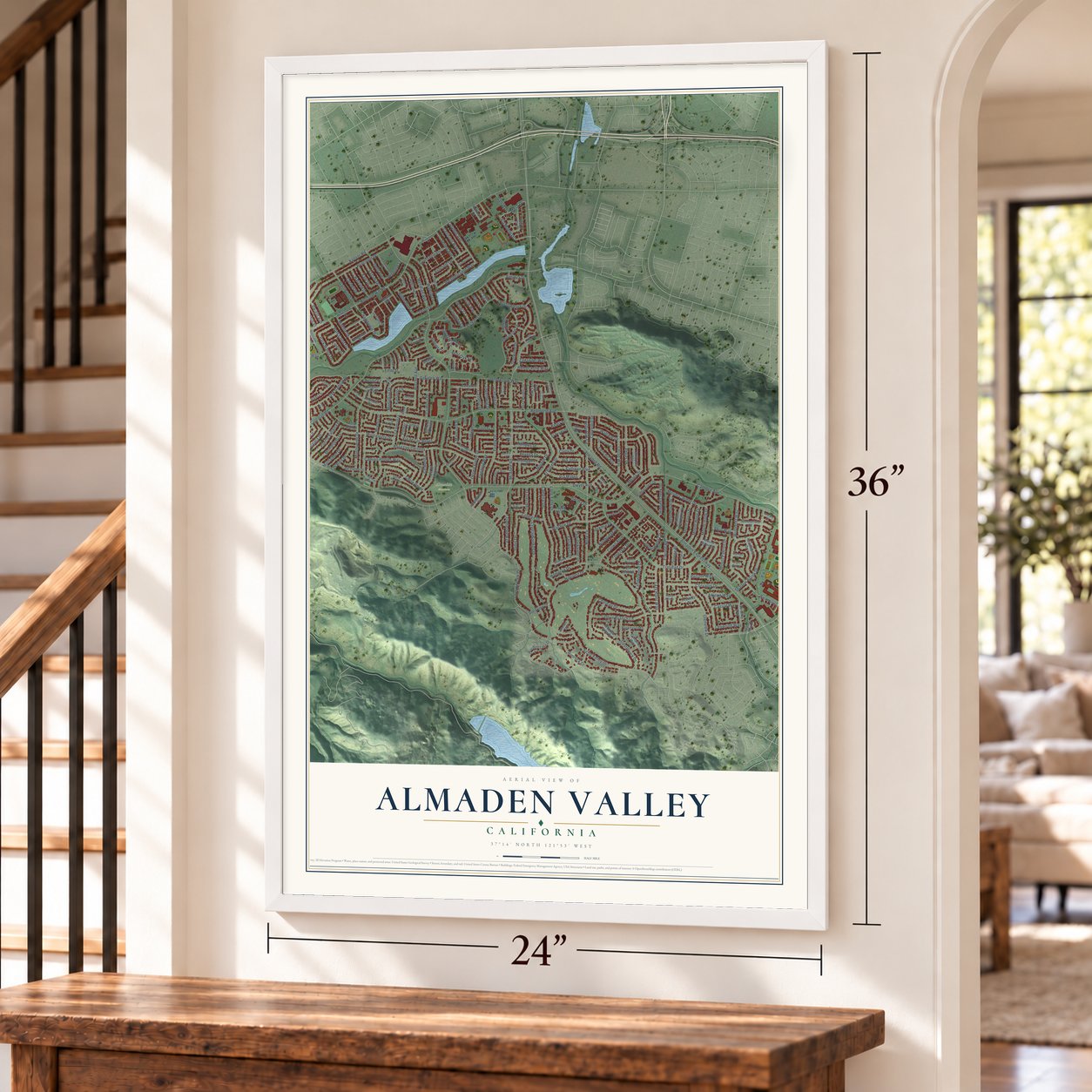 Almaden Valley, California map, 24 x 36 inch print in a white frame by a staircase