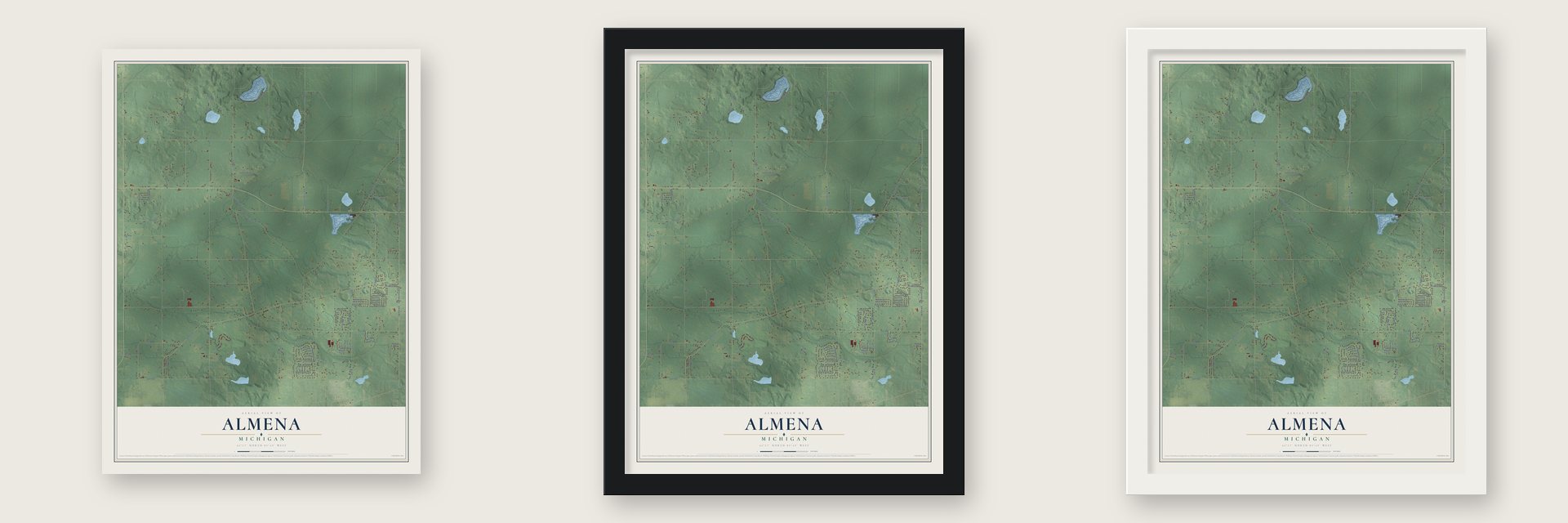 Almena, Michigan map unframed, in a black wood frame and in a white wood frame