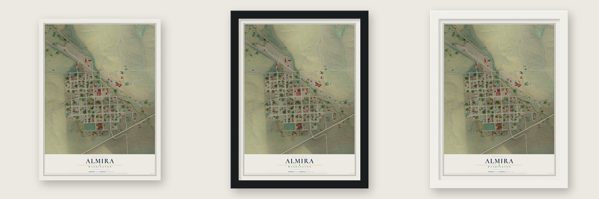 Almira, Washington map unframed, in a black wood frame and in a white wood frame