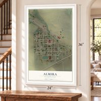 Almira, Washington map, 24 x 36 inch print in a white frame by a staircase