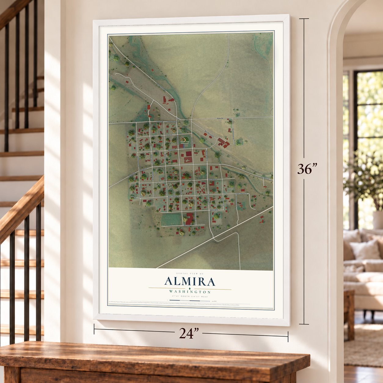 Almira, Washington map, 24 x 36 inch print in a white frame by a staircase