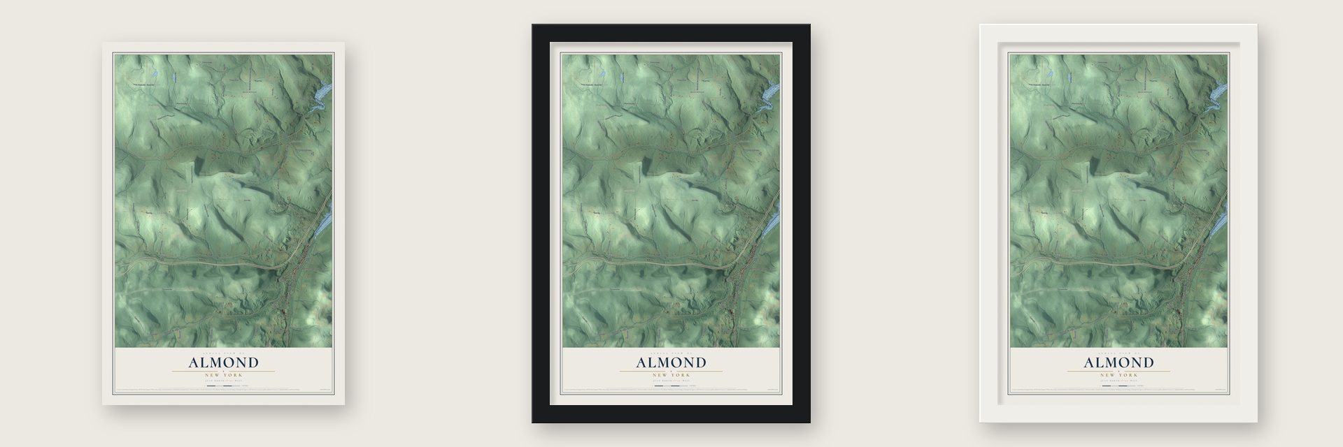 Almond, New York map unframed, in a black wood frame and in a white wood frame