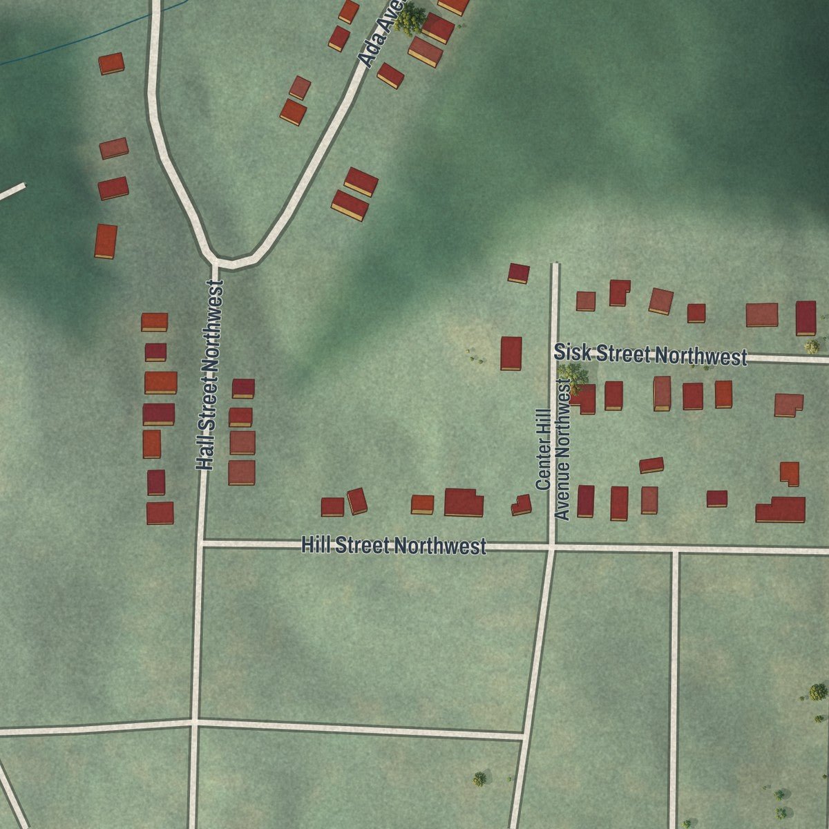 Second close-up of the map of Almond Park, Georgia print showing more streets and buildings