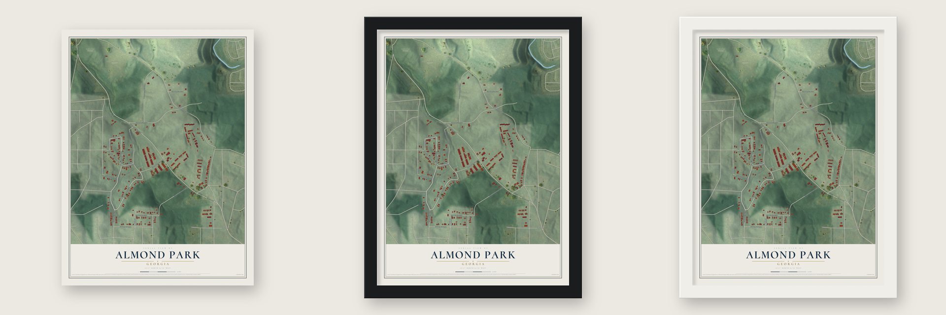Almond Park, Georgia map unframed, in a black wood frame and in a white wood frame