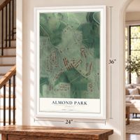 Almond Park, Georgia map, 24 x 36 inch print in a white frame by a staircase
