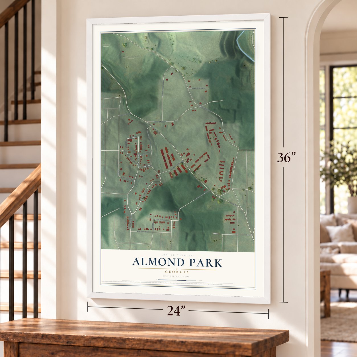 Almond Park, Georgia map, 24 x 36 inch print in a white frame by a staircase