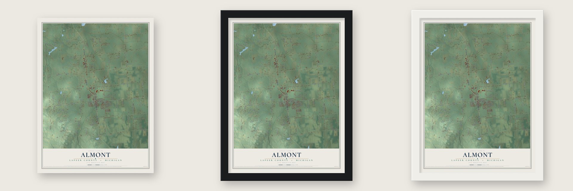 Almont, Lapeer County, Michigan map unframed, in a black wood frame and in a white wood frame