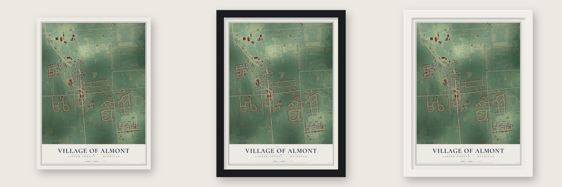 Almont, Michigan map unframed, in a black wood frame and in a white wood frame