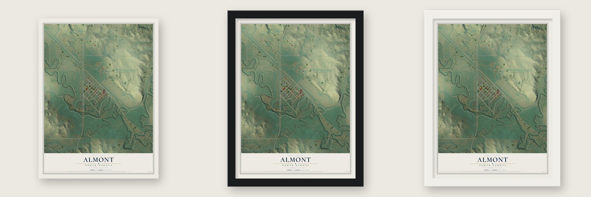 Almont, North Dakota map unframed, in a black wood frame and in a white wood frame