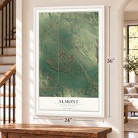 Almont, North Dakota map, 24 x 36 inch print in a white frame by a staircase