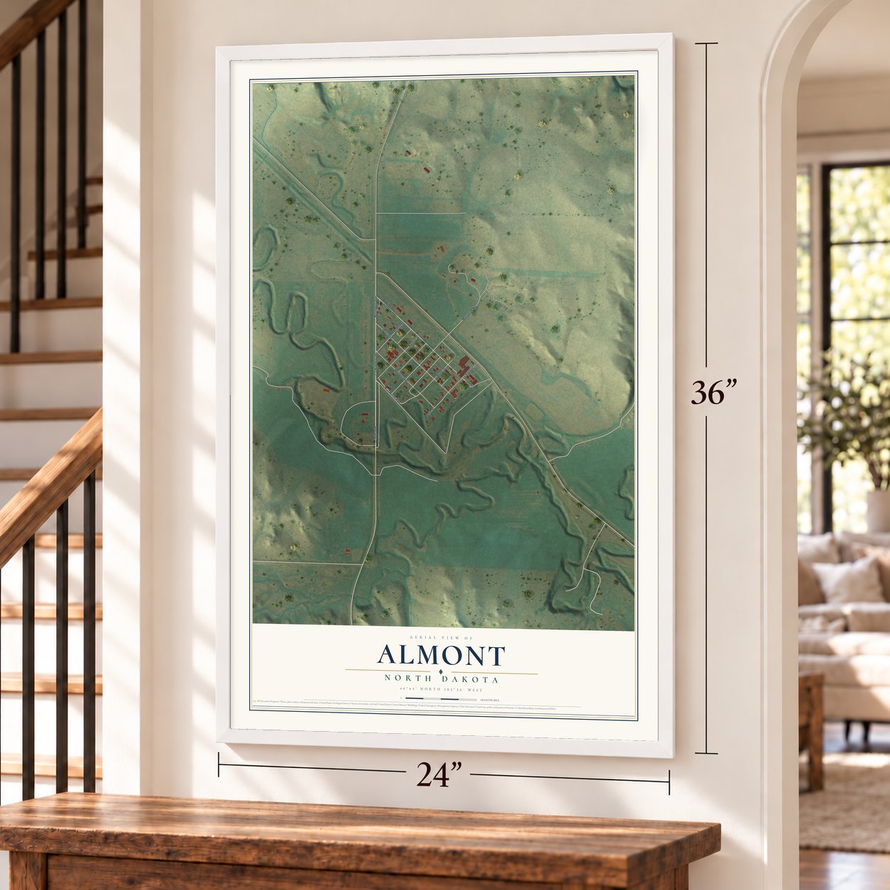 Almont, North Dakota map, 24 x 36 inch print in a white frame by a staircase