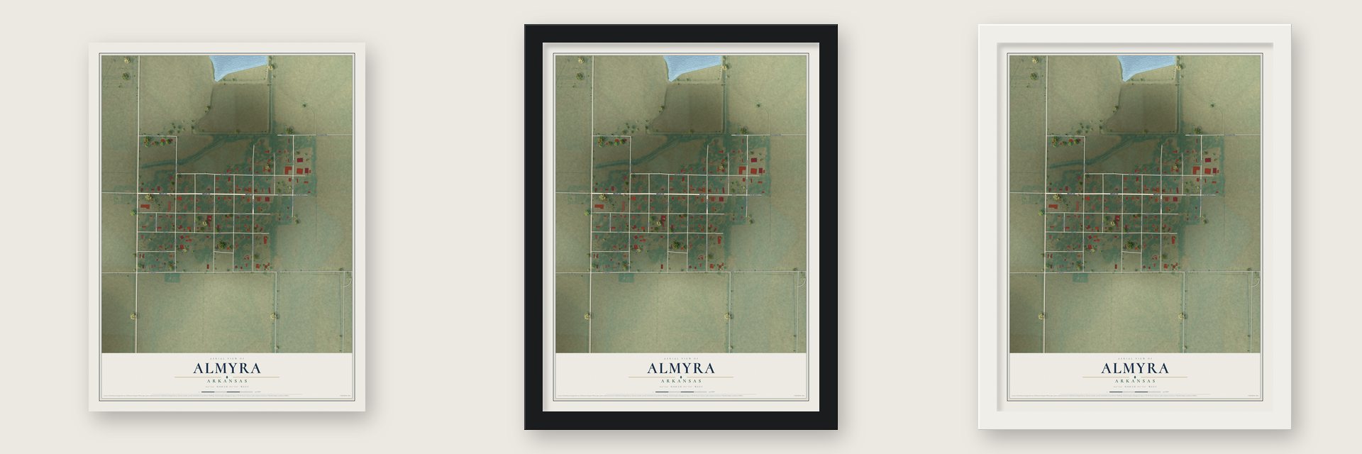 Almyra, Arkansas map unframed, in a black wood frame and in a white wood frame