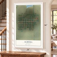Almyra, Arkansas map, 24 x 36 inch print in a white frame by a staircase